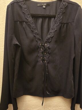 Guess Lace Up Blouse Black Crochet Trim Boho Romantic Top
